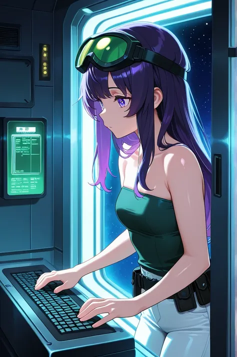 masterpiece, best quality, amazing quality, Solo, upper body, looking outside window, Girl with purple eyes, purple hair, long hair, swept, bangs, typing onto electrical box, looking at object, deep in thought, thin, green tinted goggles on head, wearing s...