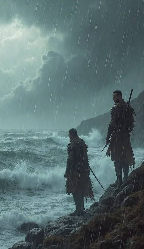 Image of a storm at sea, someone walking in the rain, a stoic warrior looking at the horizon