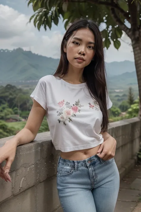 50-year-old woman of Indonesian chinese descent ,long black straight hair k, cubby oval face ,thin eyebrows ,eyes not so narrow,medium nose not snug,sensual mouth medium not too small,thin lips sensual pink ruby red,white skin,wears white t-shirt with flor...