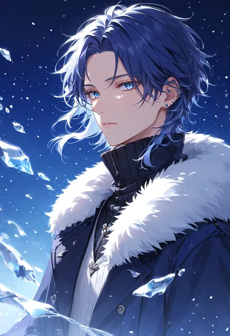 "Ultra-detailed hyper-realistic anime style, a young man with deep midnight blue hair that shimmers with subtle silver-blue highlights. His silky layered hair falls naturally, with strands gently covering his forehead. His piercing ice-blue eyes, wide open...