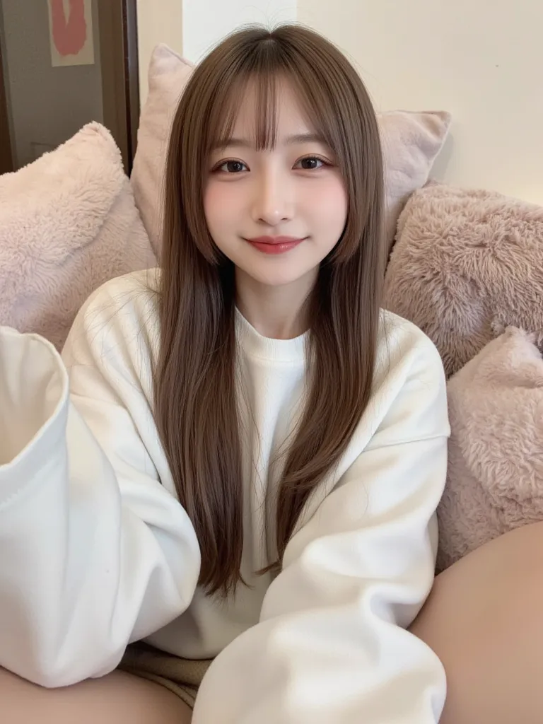  amateur took an Instagram selfie . A woman in cute loungewear is surrounded by cushions in the student room,  without makeup,  playful smile . she has long, straight brown hair with bangs