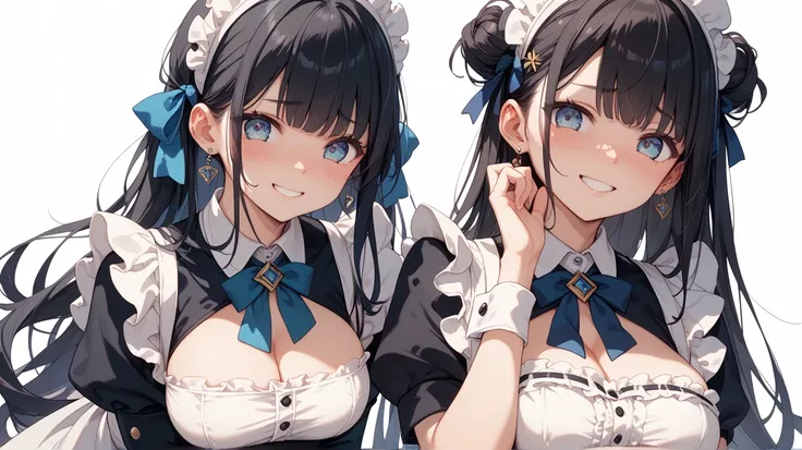 1 girl、cute、younger sister、 black hair long hair、simple background、fine、smile、embarrassed face、maid clothes、Big Breasts、tights