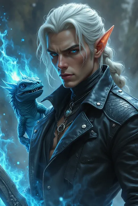 a young handsome, square jaw, sexy, half elf with white hair kept in a loose braid and teal blue eyes, roughish and dapper, wearing a black leather jacket with hints of electric blue, sipver spiderweb embrodary, wielding a dark blade that radiates blue mag...