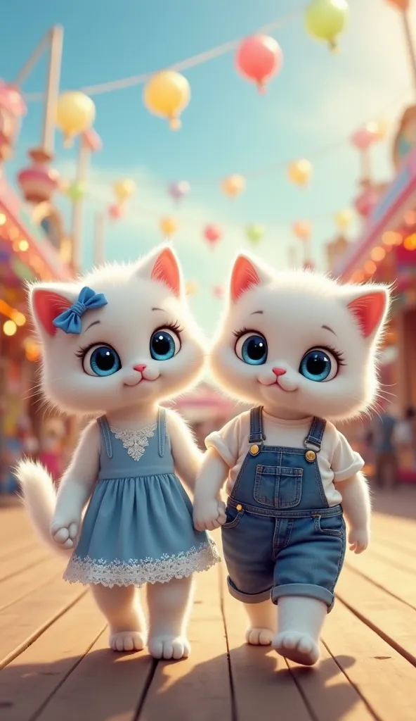 two white fluffy anthropomorphic kittens with big blue eyes, walks while hand in hand in an amusement park. The cat on the left is wearing a blue dress with white lace and a blue ribbon on its ears, give a feminine and sweet impression.  Meanwhile , the ca...