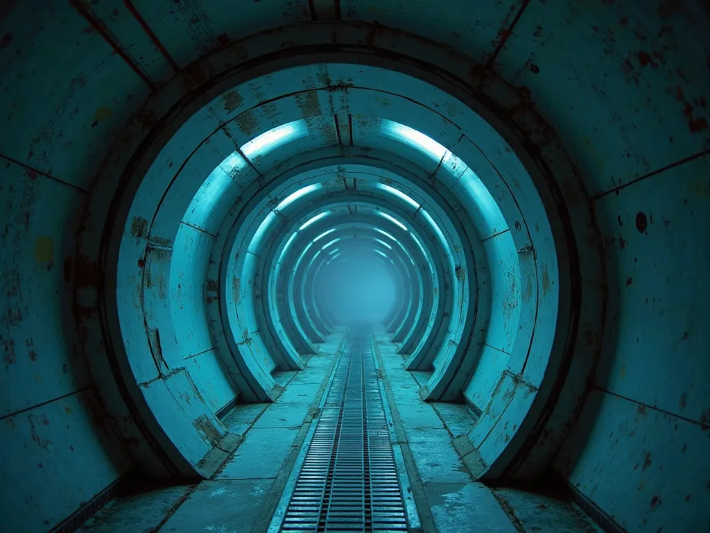 "A very narrow futuristic air duct tunnel inside a high-tech building, made of metallic walls with a slightly worn texture, illuminated by dim blue lights. The space is just big enough for a single person to crawl through. The atmosphere is slightly dusty,...