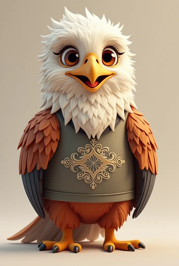 Create an image of an adorable animated eagle with an elegant t-shirt. The dove should have big, expressive eyes and a friendly smile, with wings slightly extended as if ready to jump.