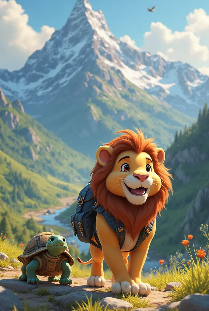 FRIENDLY SMILING LION with a backpack and his friend the turtle who also has a backpack arrive at a beautiful mountain and from there there are beautiful landscapes