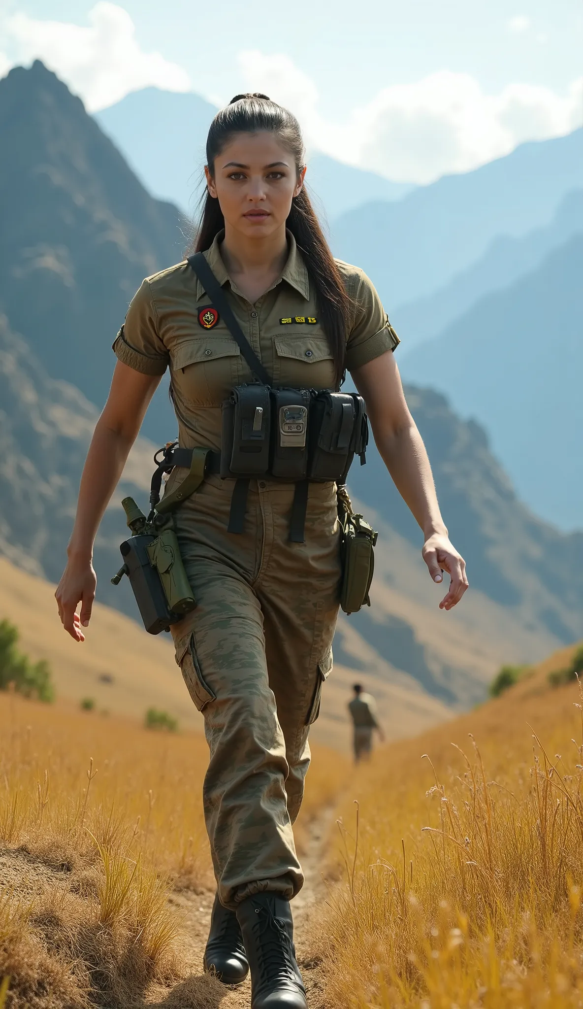 A beautiful young female soldier, 20 years old, strides forward with unwavering confidence across a vast grassland with the towering Himalayas in the background. Her striking face, a blend of elegance and determination, is partially illuminated by the gold...