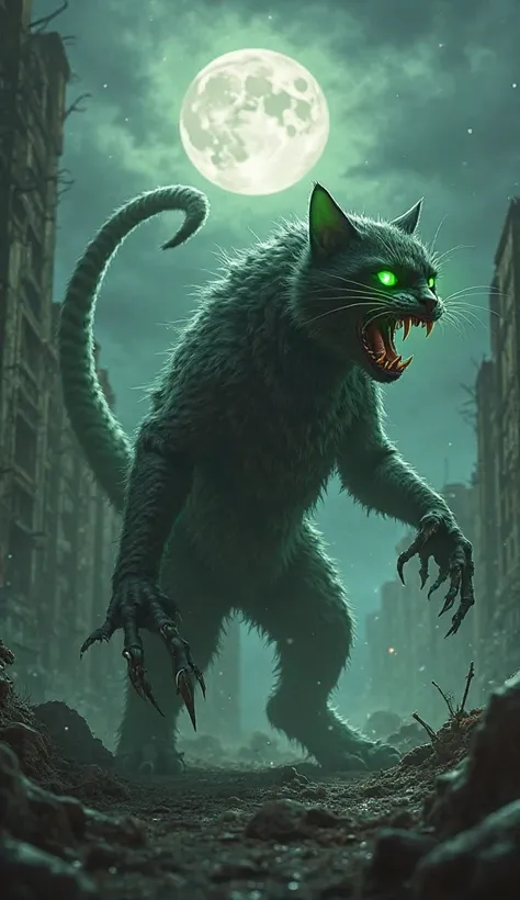 "A once-cute kitten has evolved into a monstrous feline beast with glowing green eyes and sharp, metallic claws. Its fur is now shadowy and smoke-like, shifting and changing as if alive. A second set of jaws emerges from its mouth, filled with razor-sharp ...