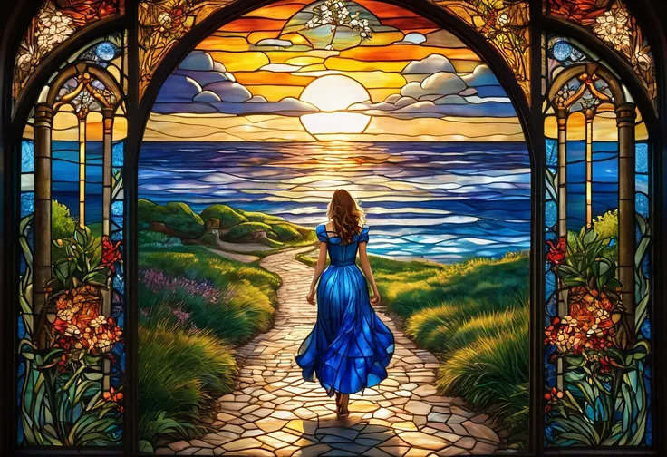  picture of a woman in a blue dress walking down a path, Stained Glass art, Stained Glass style, Fairytale Style Artwork , golden twilight Stained Glass, intricate Stained Glass, Stained Glass,  Disney World Blue Beach, Stained Glass!!, Stained Glass, glow...