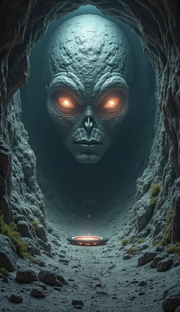 Create a surreal, mind-bending image where a cave, a UFO, and an alien face seamlessly merge into one single entity. The cave should be the central element, but its shadows and formations must naturally form the shape of an alien face, with glowing eyes em...