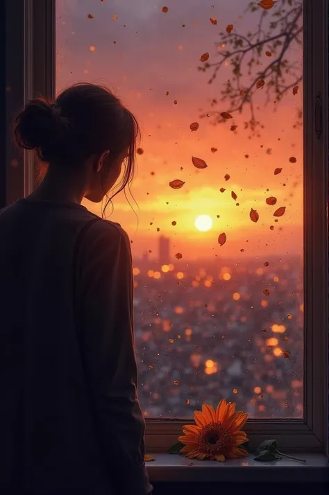 A melancholic scene of a sunset with orange and purple hues, creating a nostalgic atmosphere. A silhouette of a person stands by a window with raindrops, looking out as the city lights blur in the distance. The background has fallen leaves being carried by...