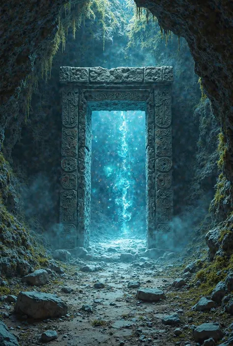 An ancient cave hidden in the depths of the earth, with walls covered with moss and stalactites hanging from the ceiling. in the center, a portal built by a sacred civilization lost: a rectangular ancient stone door, eroded by time, with inscriptions of ru...