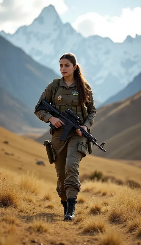 A beautiful young female soldier, 20 years old, strides forward with unwavering confidence across a vast grassland with the towering Himalayas in the background. Her striking face, a blend of elegance and determination, is partially illuminated by the gold...