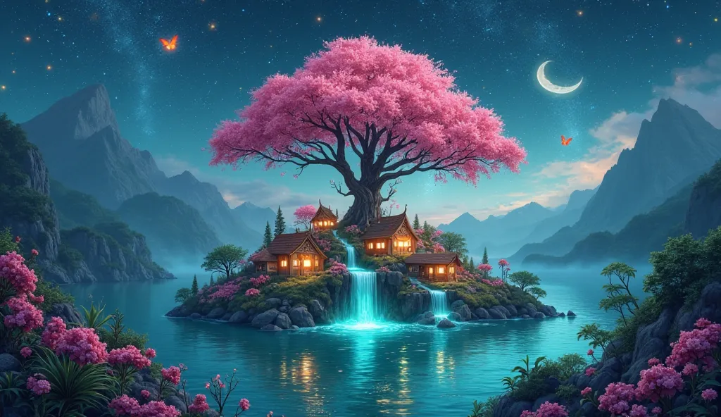 A mystical island paradise, centrally positioned in the image, is nestled amidst a serene, starry night landscape.  A magnificent, luminous tree with vibrant pink blossoms stands at the island's heart, its roots embracing a cascading waterfall of turquoise...