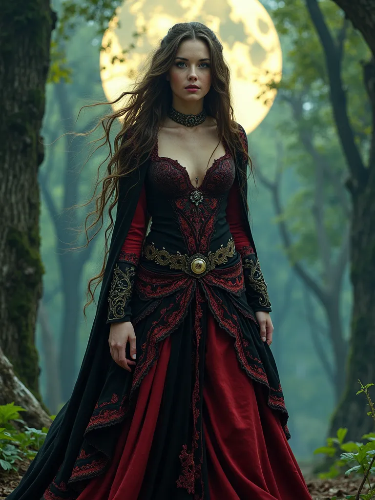 photography taken by canon eos r5, pernas atraentes, coxas grosas.stunning fullbody d&d character art, ornate, intricate details, beautiful wicked witch, gothic style, hyper-realistic fantasy art, digital illustration, full shot, full moon, dark forest, re...