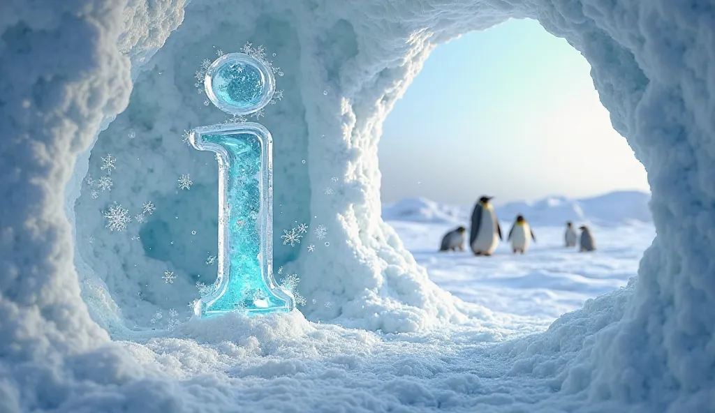 An icy 3D letter 'I' with an igloo built around it, in a snowy Arctic scene with penguins and polar bears. The letter is translucent and frosty, with snowflakes falling.