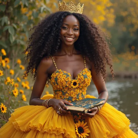 Beautiful black woman in a big dominoes dress full of decorations the dress has an impact yellow and gold pomposely comes on the wave of a river, there are sunflowers, she is a brunette, her hair is super long, curly up to her knees, she wears a gold crown...