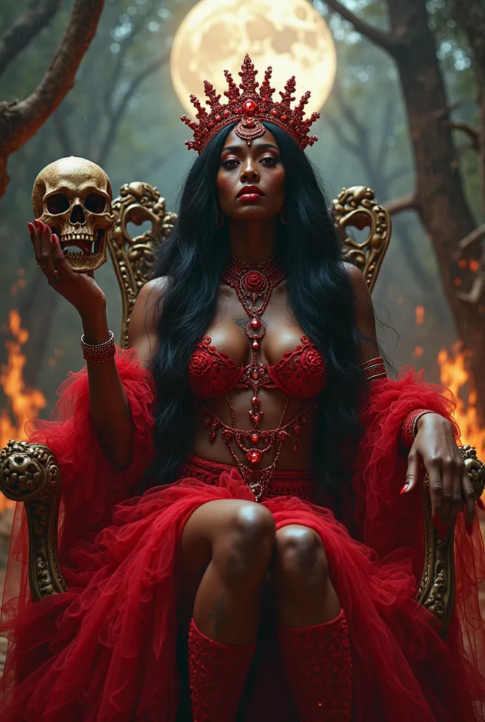 2025/02/24 22:11:27 
Black girl,long black hair，Black queen and red jewels，accessories，Skull in hand，queen of hell，red lipstick, in a forest full moon, background fire, red fishnet stockings, red rose tattoos, sitting on a throne made entirely of human bon...