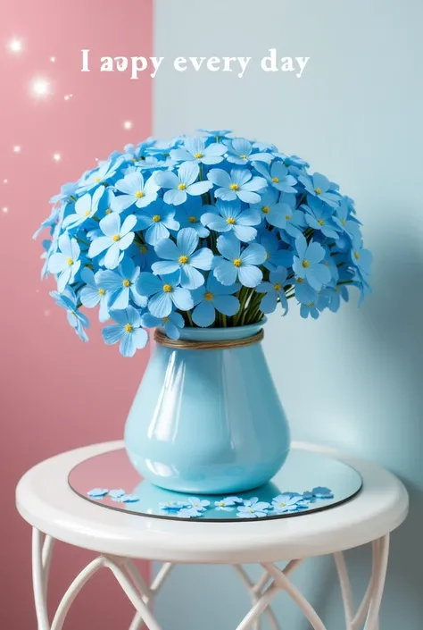 A large bouquet of blue forget-me-nuts is placed on a mirror on a white circular metal tabletop with a reflection of the bouquet. The pastel background has sparkling stars. The text says happy every day.