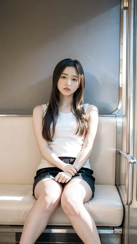 (masterpiece, Highest quality, 8k, RAW photo, beautifully、beautiful:1.2), complicated details,  Slim, Indirect Lighting, realistic, full body,   Sitting on a train seat 、stare at the audience 、Peeking、  white tank top, miniskirt,( super realistic pantyhose...