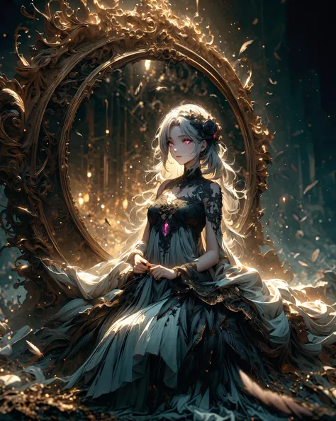 A girl looking at me through a mirror、White mash hair、Rainbow Eyes、black rose dress、Black Feathers Flying Down、 Bodhisattva、High Resolution, masterpiece, accurate, 