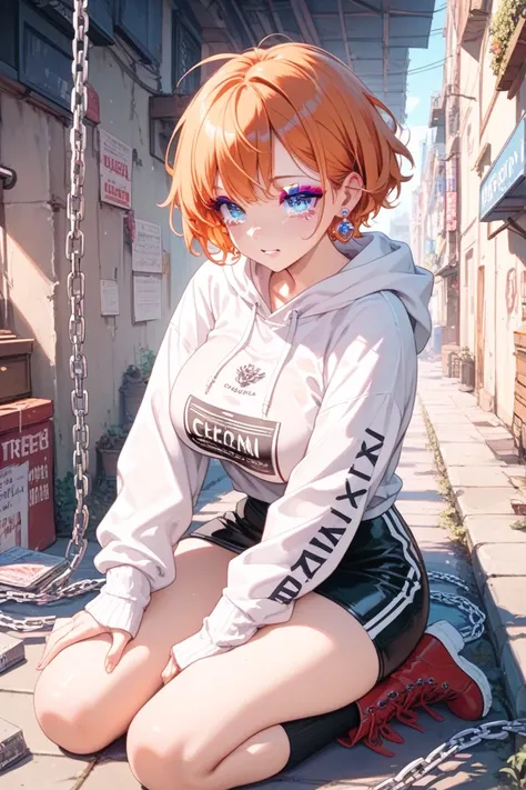 dark ruined basement made of concrete
orange hair　bouncy short boyish short hair　anime style girl　 long eyelashes 　big round eyes　Bright blue eyes　crimson eyeshadow　Tight earring　 chains　It's stuck in the floor　crying　 is frightened　white long sleeve hoodi...