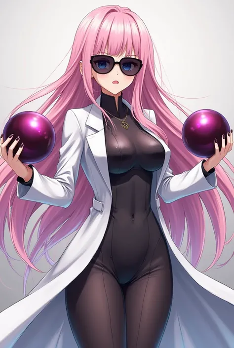 Make an anime character with long pink hair and very blue eyes and big boobs and black sunglasses and white coat holding two spheres, one blue and one red. 