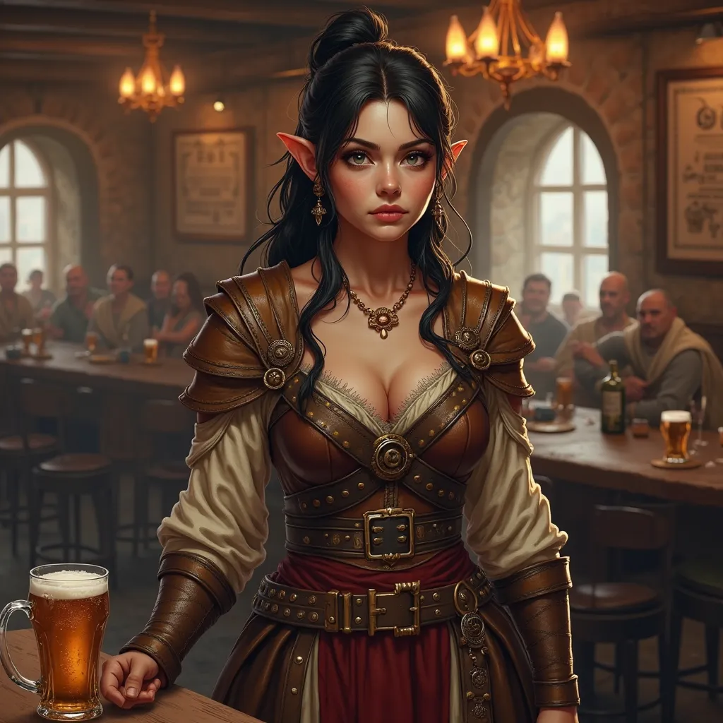 Make a full-bodied female character, expressions from a Halfling Race role-playing game with the Barbarian class, She is a character with a strong and large body that measures 1,5 m, Your skin is light, half red and your ears are pointy, dark hair tied , w...