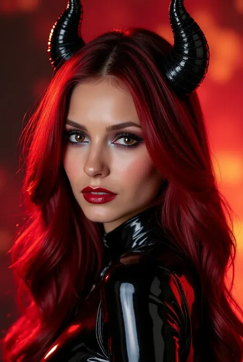 Beautiful girl, red lip gloss, eyeliner flicks, red lip gloss, sexy, full body fetish latex rubber devil outfit, body oil, extreme make up, red hair,  dark red lip gloss, shiny lips, reflective lips, fiery hell background