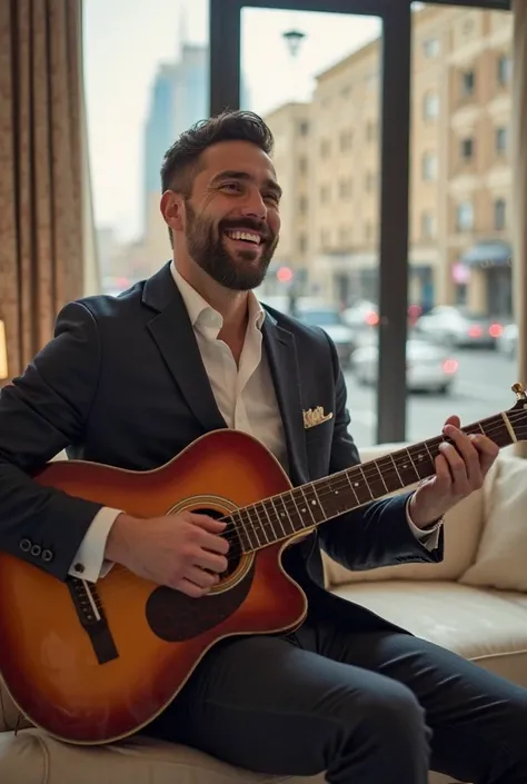 Create an image of a strong, well-dressed man playing the guitar with a beautiful smile on his face, in your luxury room with some real estate, and in the background a piece of window with a visit to an avenue with some cars and beautiful buildings like th...