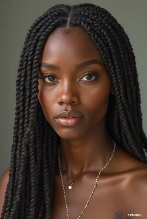 Black woman in braids with honey-colored eyes, neutral colors, realistic photo with the logo ELLA POR ELAS