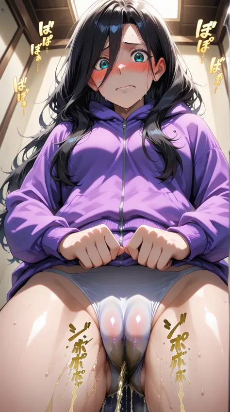 purple hoodie and white thong, anime character, full body, female anime girl, (black long hair:1.5), (sweaty:1.2), looking at viewer, (from forward:1.5), (from below:1.2), (Embarrassed expression:1.5), blush:1.5, (intense cameltoe:1.5), (pee stained:1.5), ...