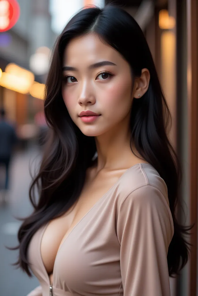 A stunning East Asian woman with long, silky black hair that falls gracefully over her shoulders. Her complexion is smooth and radiant, with a soft porcelain or warm golden undertone. Her almond-shaped, dark brown eyes are deep and expressive, framed by de...