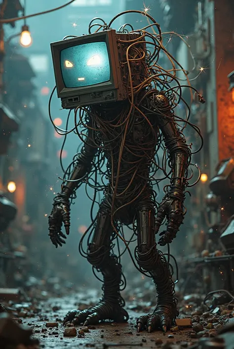 A feral sentient pile of wires and cables using a computer monitor as a head