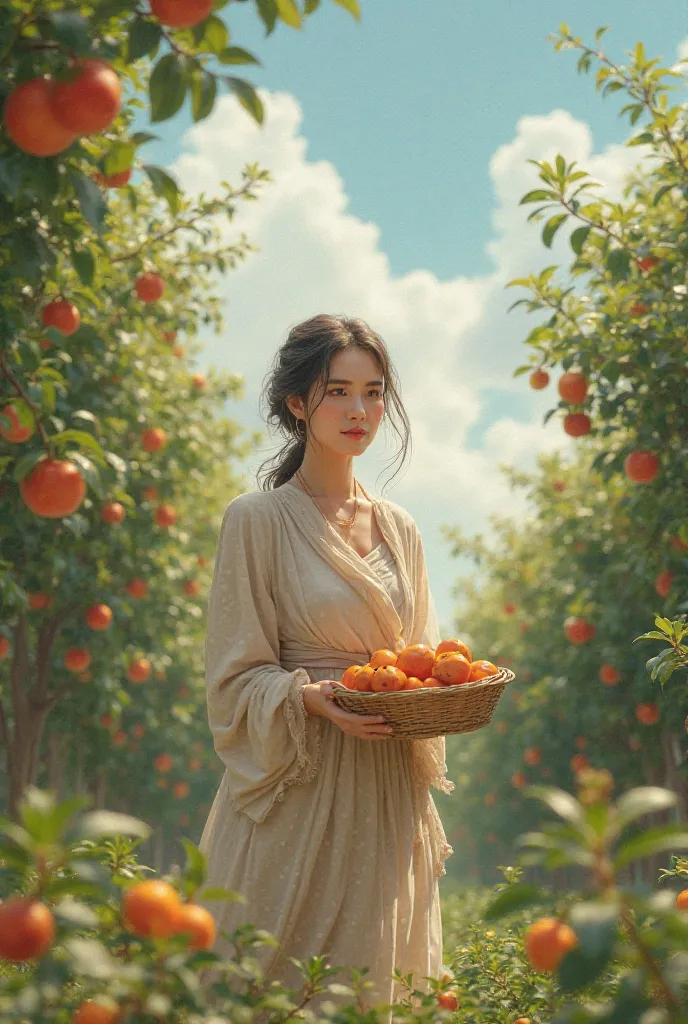 A woman walking, gathering fruits, walking in peace and looking at the sky with gratitude.