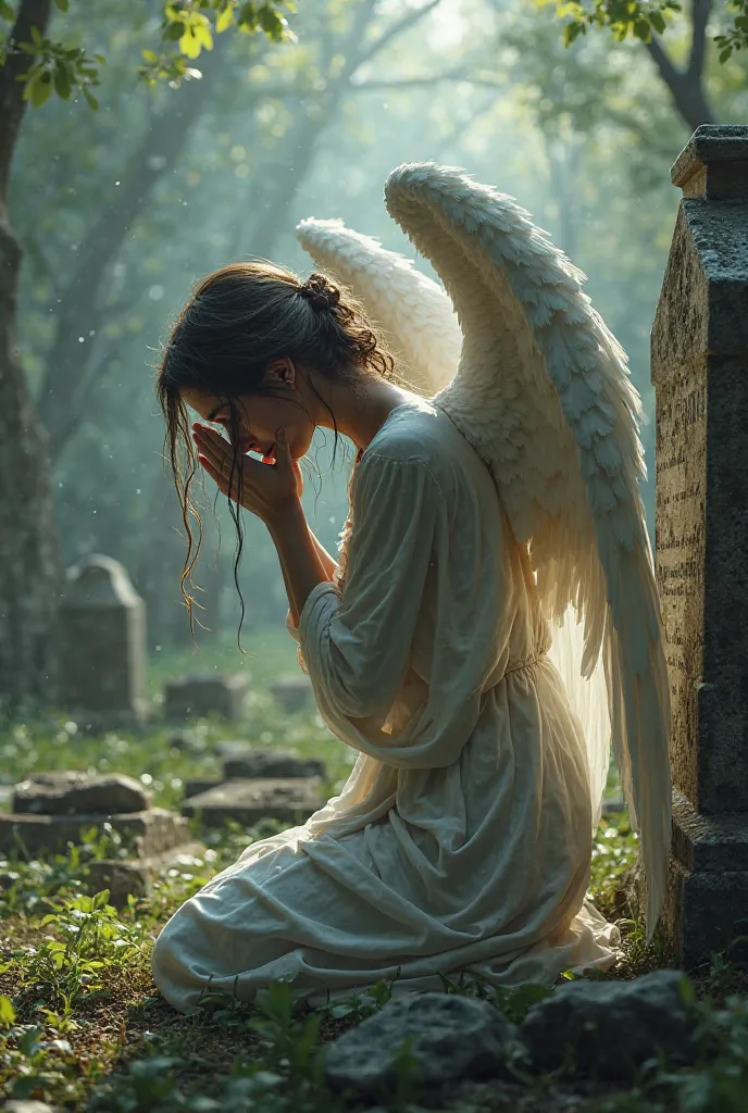 An angel kneeling on the grave in the cemetery weeping