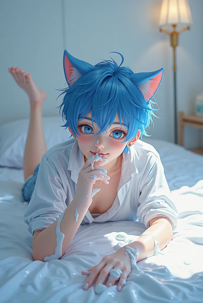 Super- realistic style photograph, Japanese boy, about , cobalt hair, cat ear, open shirts, shorts, covered with very lots white slime, lie on the bed, stare camera, lick hand, smile, detailed hair, detailed eye brows, detailed eyelashes, white bright room...