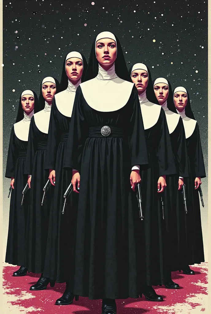 inspired by Andrew Warhola//silkscreen art//Contemporary Art//psychedelic//Women's Convent Carrying Handguns/Multiple Sisters Holding Rifles///full body/ monotone//Black and White//background/STARDUST