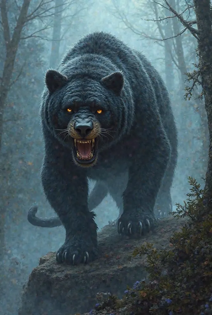 "Create a majestic hybrid creature that combines the strength of a bear with the agility of a panther. The creature should have the massive, muscular frame and thick fur of a bear, giving it a powerful presence, while its sleek, feline limbs and sharp claw...