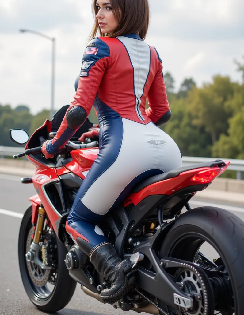 high quality 8k extra realistic  brown medium shoulder hair cut wearing moto leather white blue red motorcycle racing suit coat extra generous twins breast 44 dd silicon. on chest corset .chainmail.  lace up boots with high heel  stud sitting  racing motor...