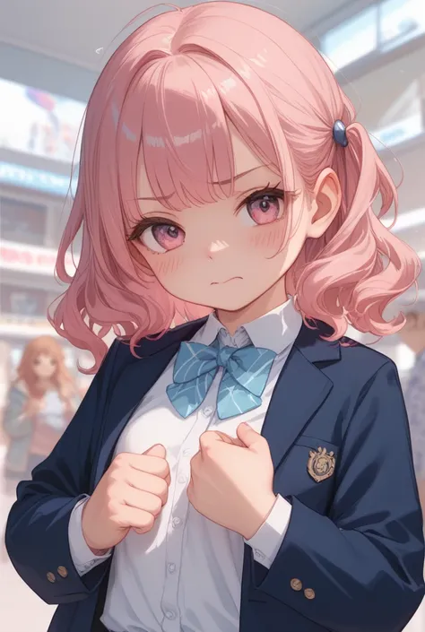 large scissors。I'm embarrassed to put my clenched fist on my chin in the dim warehouse、pink wavy hair with pink eyes、navy blue blazer and white shirt and red checked mall breasts,  size, petite body。Highest quality、realistic texture、 realistic colors。