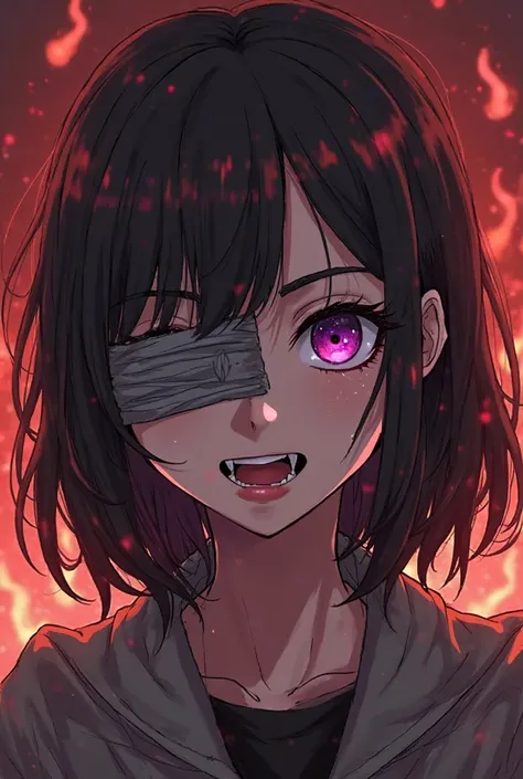  anime girl from fire force, deranged personality, medium shoulder length very dark brown layered hair, side bangs, one eye covered by bandages, grey eye bags, really very very dark violet eyes, fangs, pale, black flame power, cartoon fire force like artst...