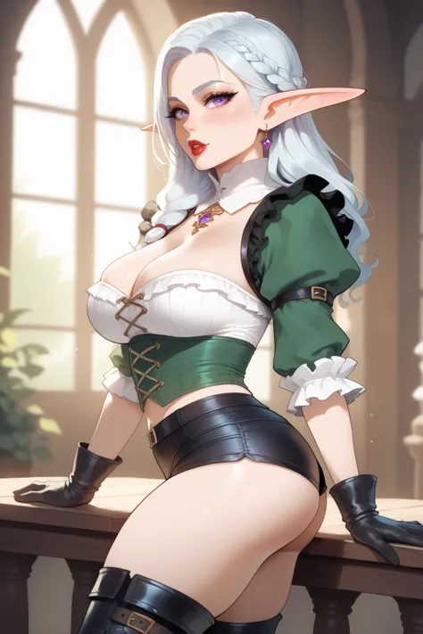 Elf Female, athletic body, Long ears, Blue shoulder-length straight hair, Calm gaze, Purple eyes, ruddy face, red lipstick on her lips, wearing a green leather top, cleavage, black gloves, black long boots, Black shorts, holding her hands on her waist, pus...