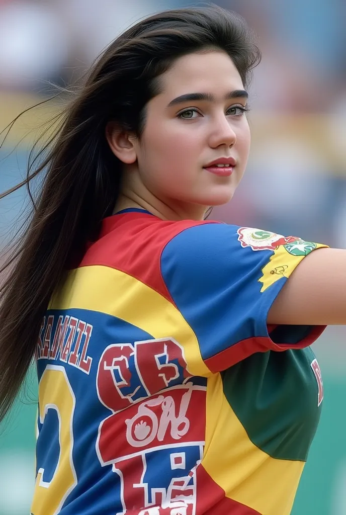 ( masterpiece, Highest quality:1.2),   dynamic pictures  、 beautiful  old girl ,  Jennifer Connelly,  full body photo, she's playing baseball as a pitcher., Colorful uniform with blue base, She's wearing a colorful uniform., She's pitching in full force., ...