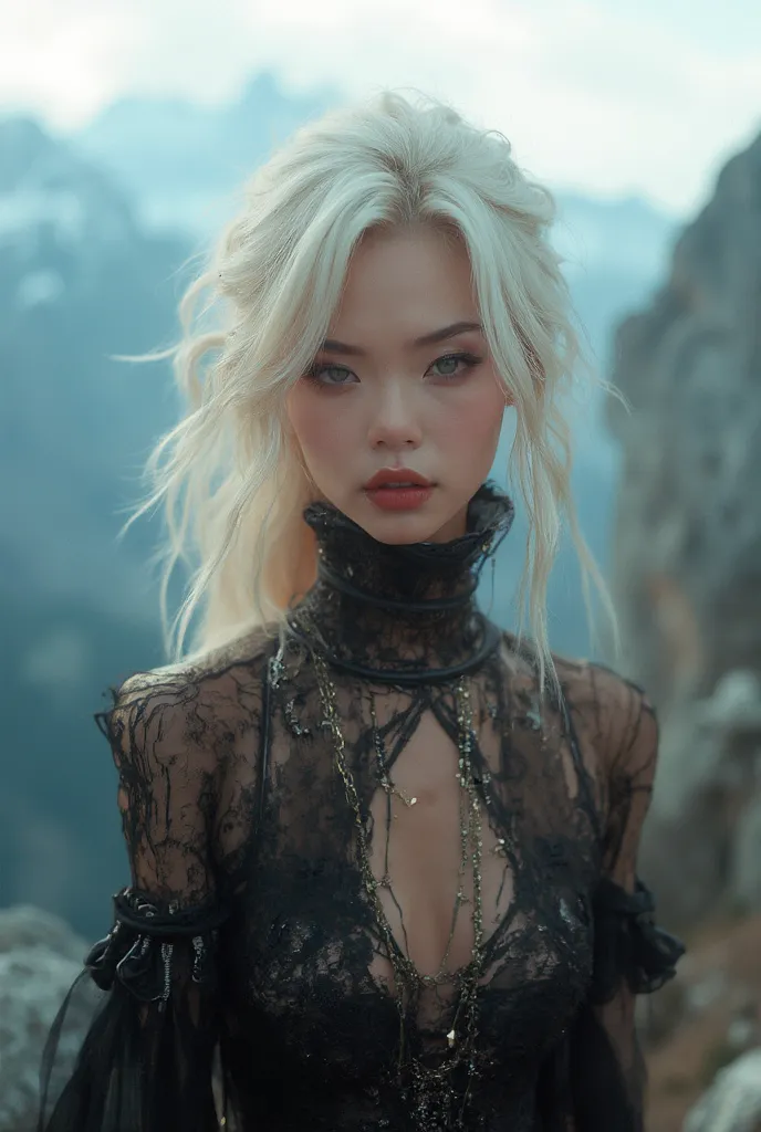 635952637.Create an Instagram influencer, call "(Natalya Ice)", " with platinum blonde hair ", " wallpaper with an intimidating look ", "mysterious Asian face", "with sophisticated and expensive looks", She is on top of a mountain