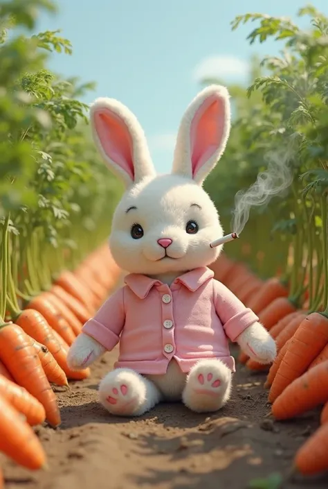 Make a plush rabbit in a pink shirt on a carrot plantation smoking a cigarette 