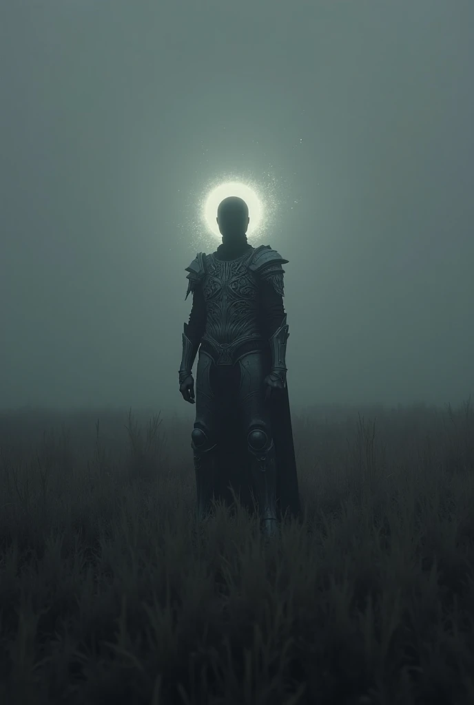 Blank,white human figure, glowing light, in a dark monotone field of grass. Wearing armor and mask to hide his body