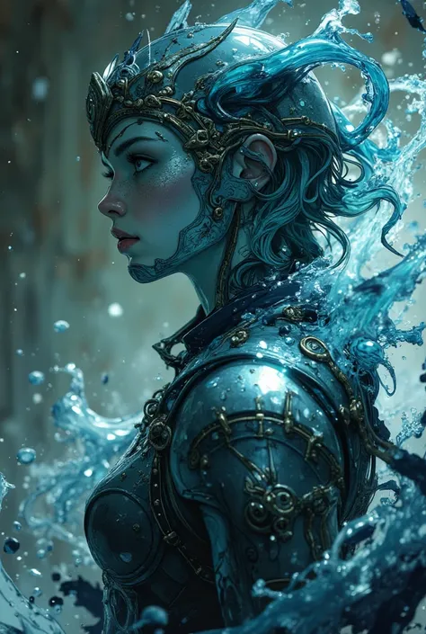 The elemental spirit of water, Body made of water, Spirit of the Water, Battlefield scenario,  She's wearing Spartan armor,  aura de magic, magic, dark fantasy genre, magic,  soldier,  High quality ,  8K quality,  a very detailed face,  kinematic
