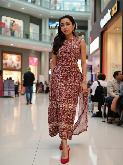 ((SFW)) 1girl, Wearing ethnic multicolored casual dress, (close up shot), ((red high heels)), detailed indian busy mall in background, UHD, masterpiece, accurate, anatomically correct, textured skin, super detail, high details, high quality, award winning,...